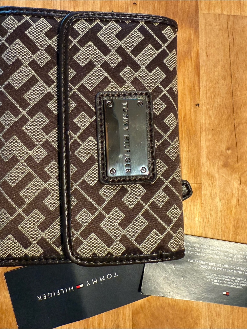 Tommy Hilfiger Brown and Cream Monogram Bifold Wallet with Metal Logo Plate
